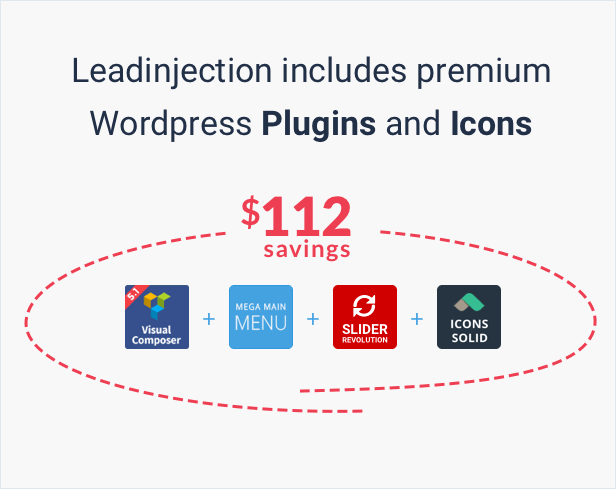 Leadinjection includes premium Wordpress Plugins and Icons: Visual Composer, Slider Revolution, Mega Main Menu, Icons Solide